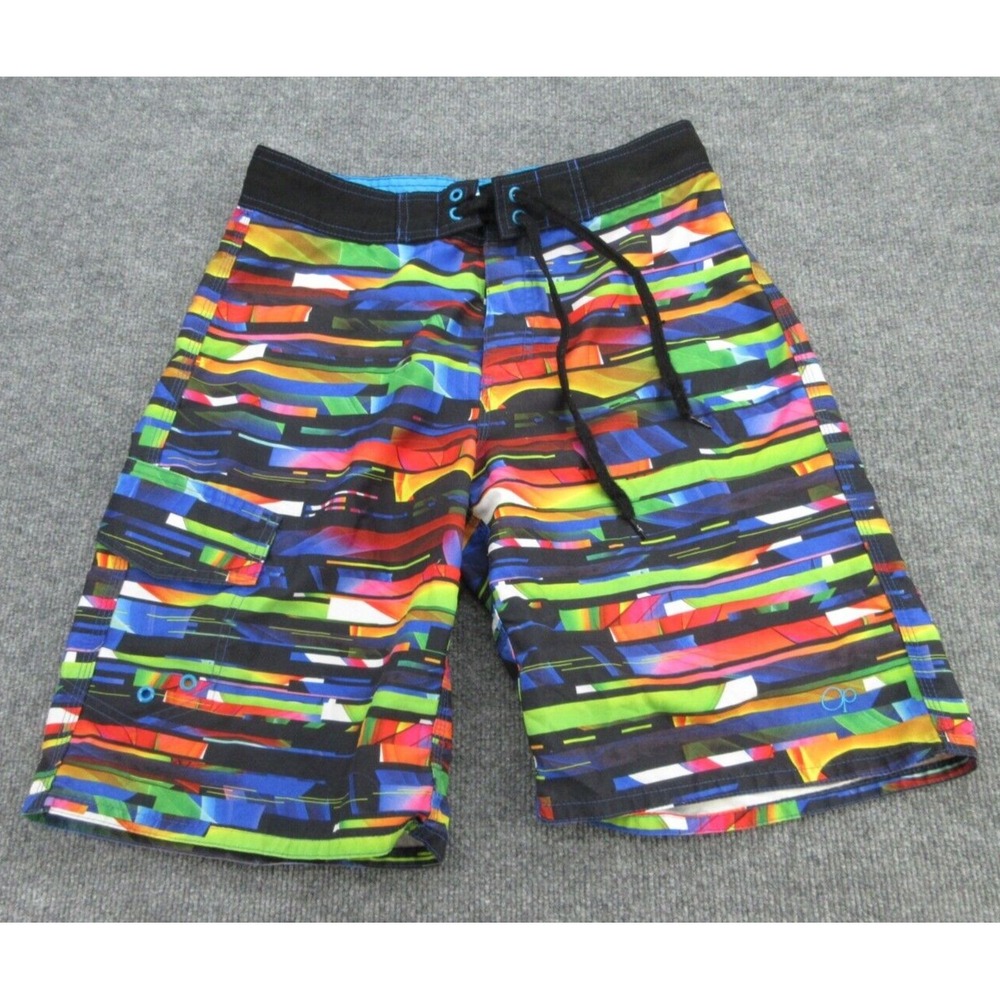 OP Mens Board Shorts Regular Multi Color Glitch Print Cargo Pocket 30